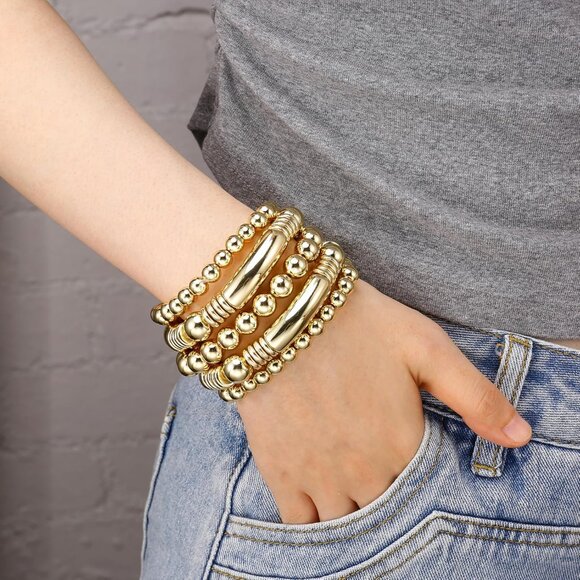 Women Gold Chunky Curved Stacking Plated Bead Ball Stretchable Bracelets Jewelry - Picture 4 of 7